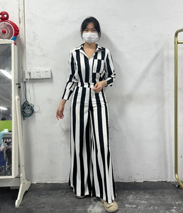 Two Piece Set for Women 2024 Spring Summer Elegant Turn-Down Collar Long Sleeve Striped Pocket Design Shirt & Wide Leg Pants Set