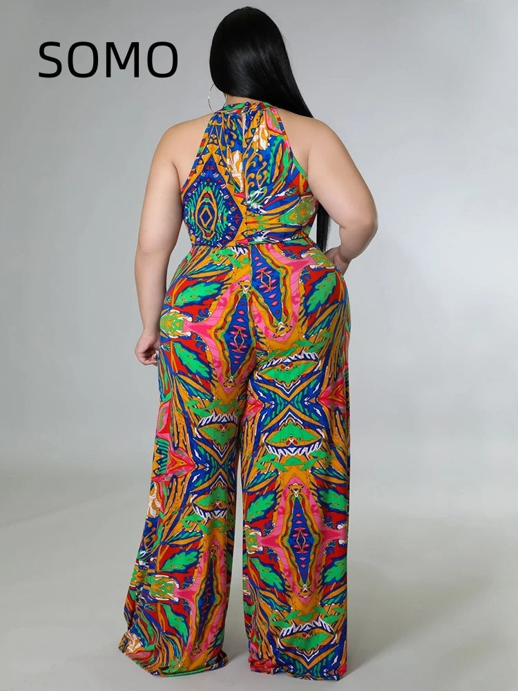 Amay Plus Size Women Jumpsuit Sleeveless Casual Hanging Neck Print with Belt Large Size Romper Wide Legs 2024 New Dropshipping
