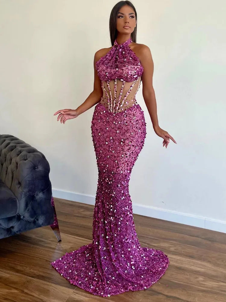 Maxy Rose Luxury Prom Gowns Halter Sequins Beading Diamonds Glitter Sparky Long Evening Party Formal Celebrity Dress