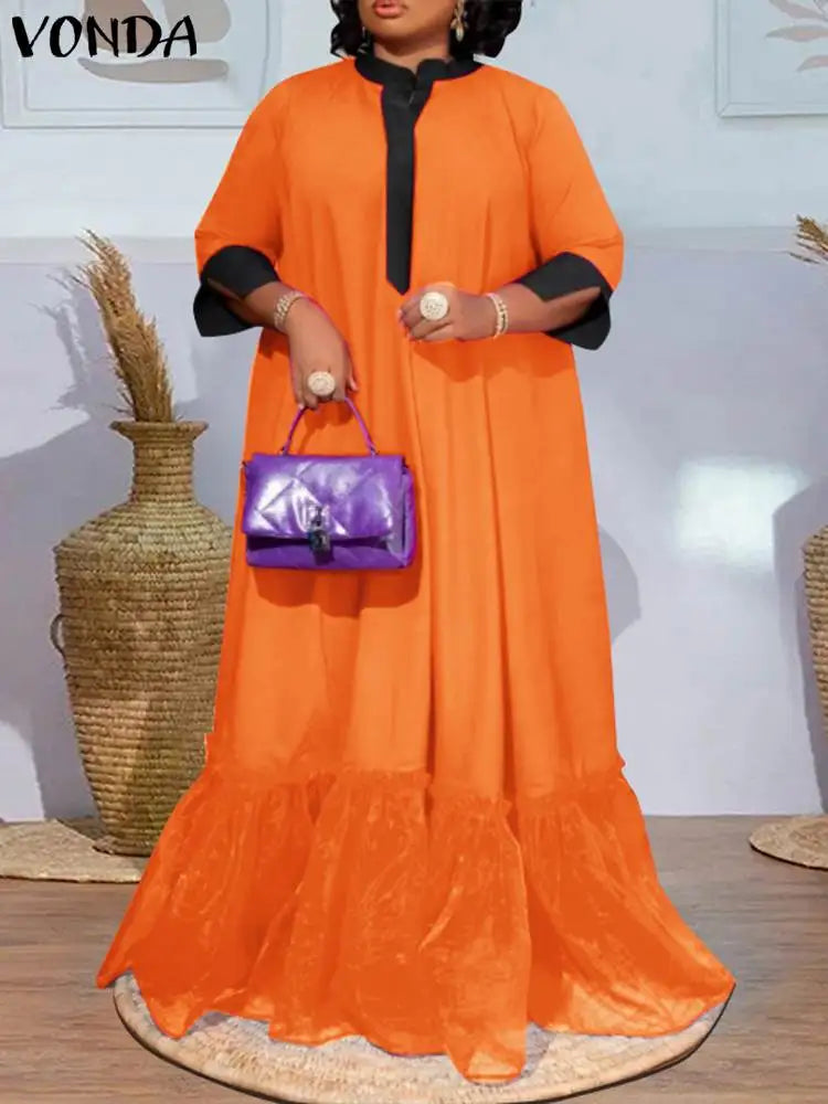 Maxy Plus Size 5XL VONDA Bohemian Women Color Patchwork Maxi Long Dress 3/4 Sleeve Mesh Party Sundress Buttons Casual Loose Vestidos
