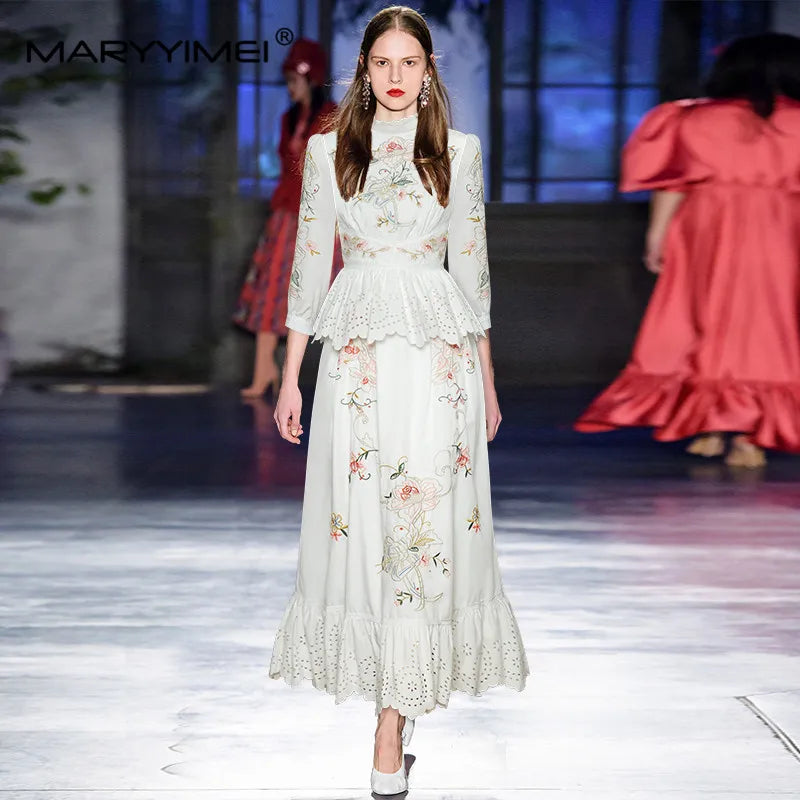 Maxy Fashion Designer dress Spring Autumn Women's Dress Stand collar Flowers Embroidery Hollow out Ruffles Dresses