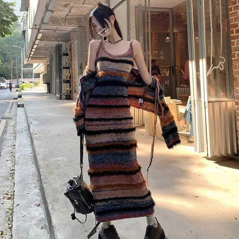 Maxy Striped Knitted Two-Piece Sets Women Korean Style Sexy Long Sleeve Cardigan Autumn Winter Sweater Sling Dress Y2k Suits