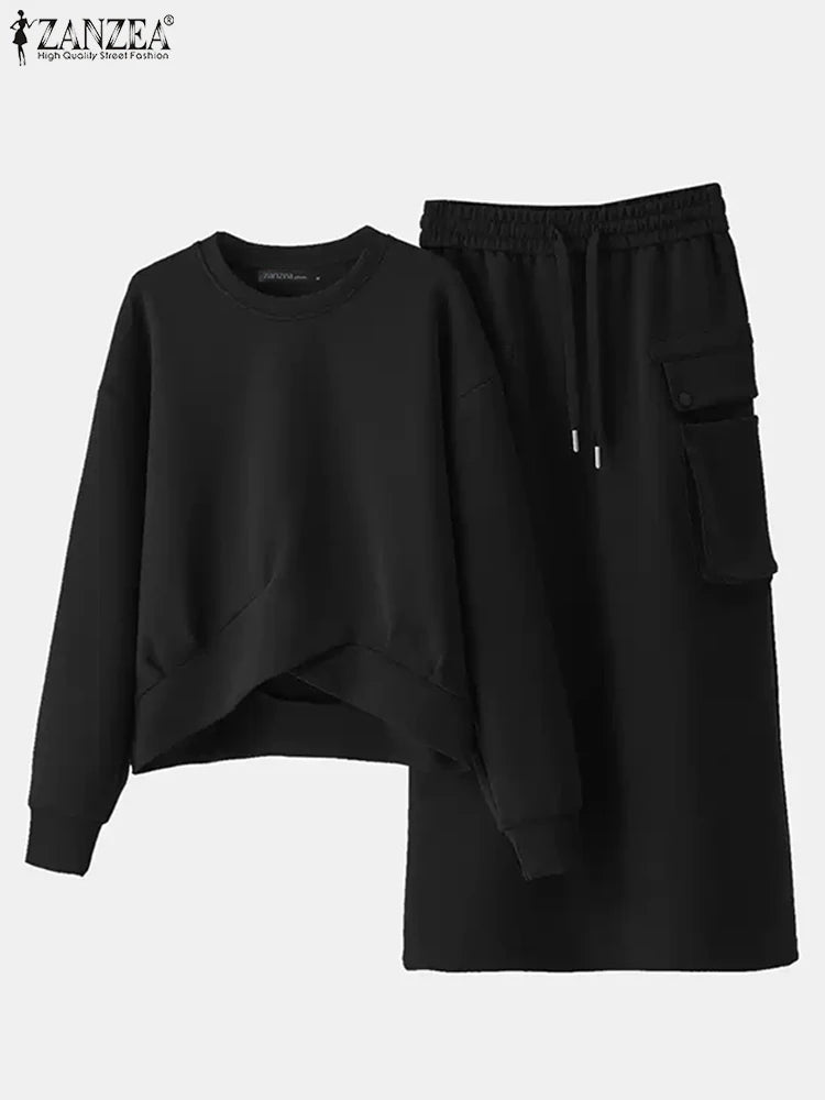 Maxy Winter Autumn Sweatshirts Dress Sets ZANZEA Women Long Sleeve Hoodies Tops Sundress OL Matching Sets Spring 2pcs Outfits