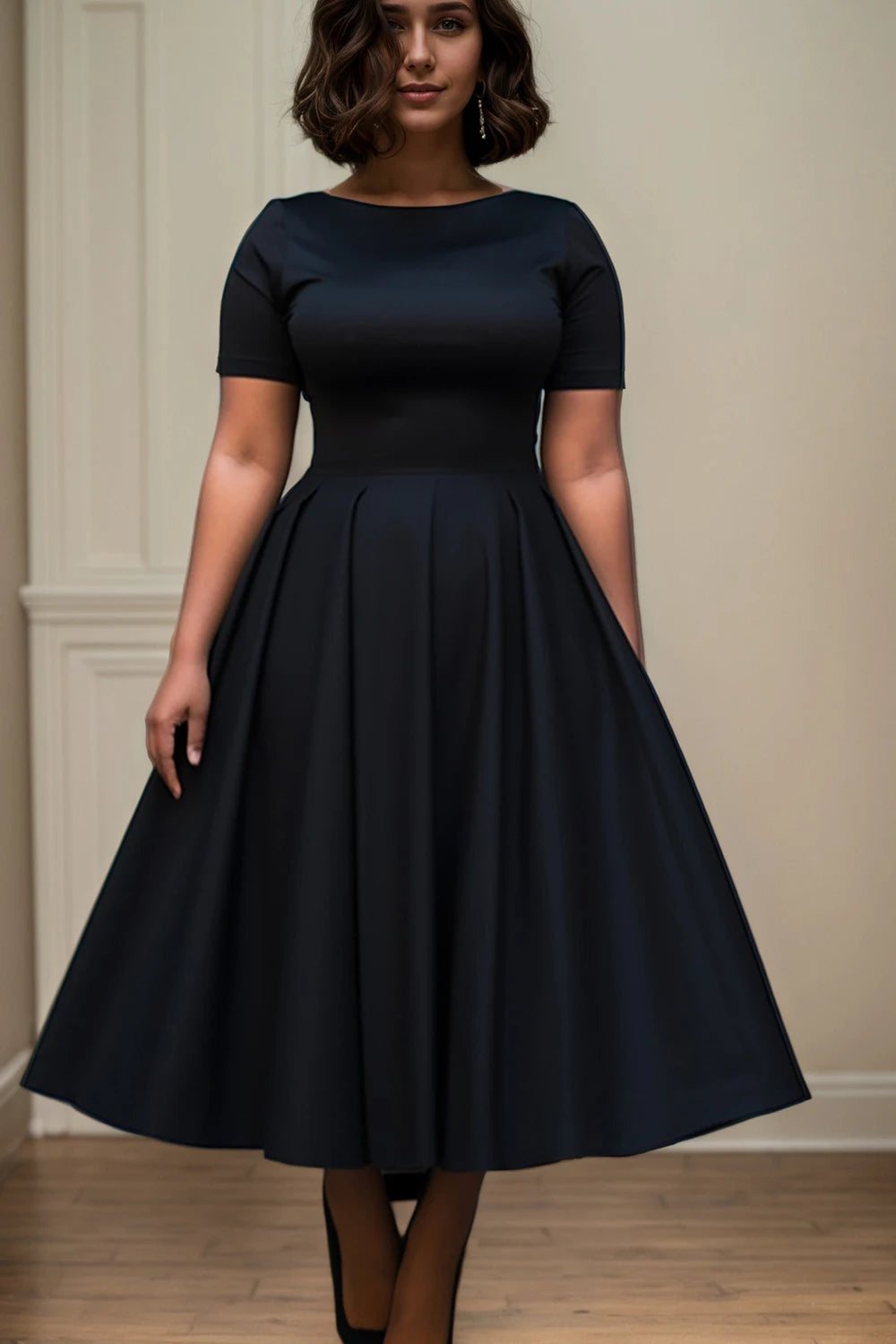 Maxy Women Plus Size Black Dress Short Sleeve Summer Casual Pleated A-Line Basic Long Dress Round Neck Fashion Evening Party Dresses