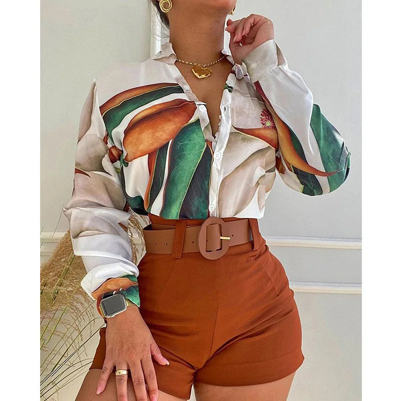 Amay Europe and America cross border Summer New Independent Stand Printed Stand Collar Long Sleeve Single-Breasted Shirt Women's T