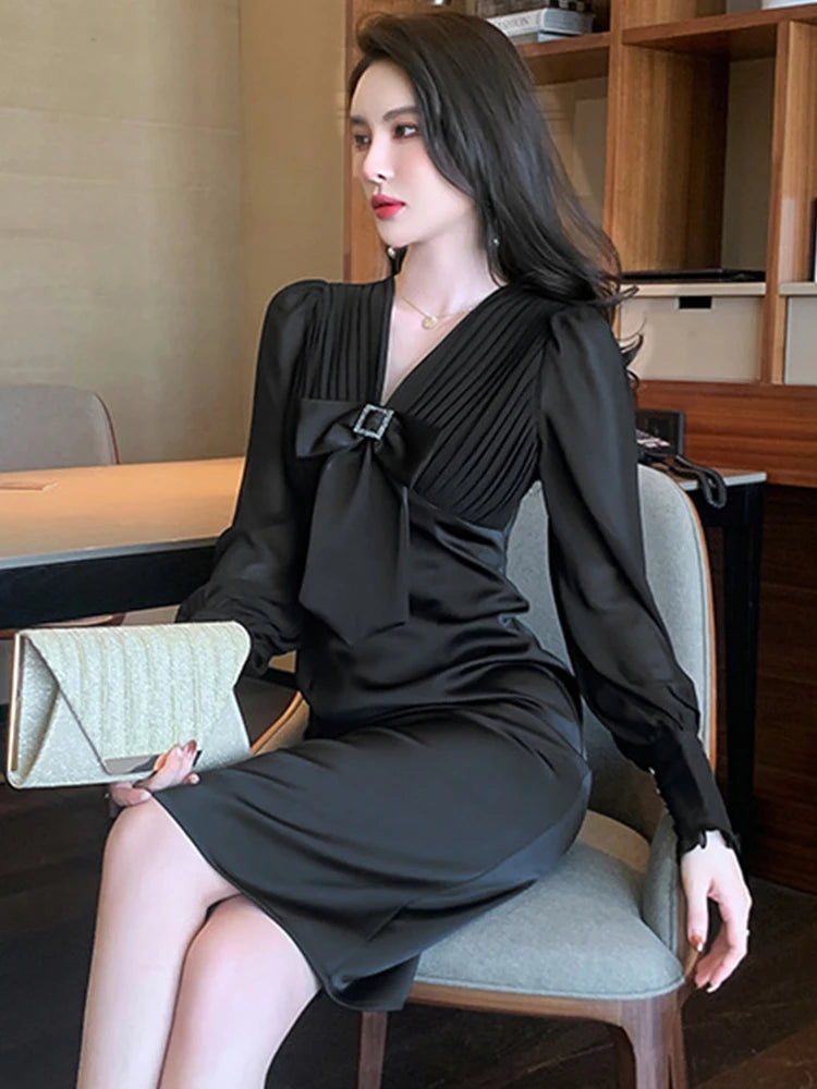 Gaxy Elegant Celebrity Woman Dress Chiffon Spliced V-neck Bow Puff Sleeve Slim Black Robe Femme Midi Gown Office Party