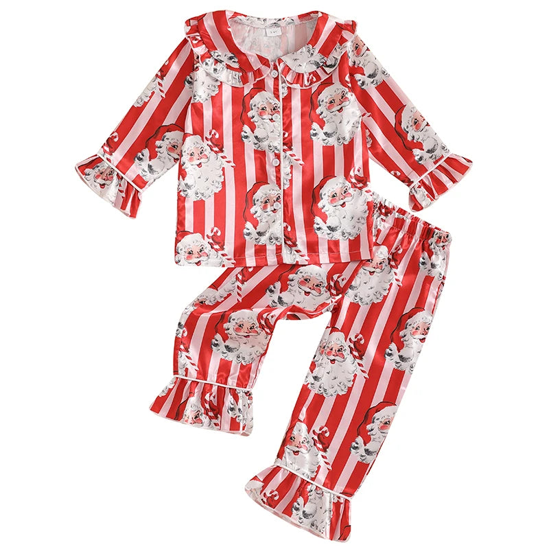 Little Girl Christmas Pajama Sets Santa Striped Doll Collar Button-up Tops Long Pant Satin 2 Pieces Ruffled Loungewear Set