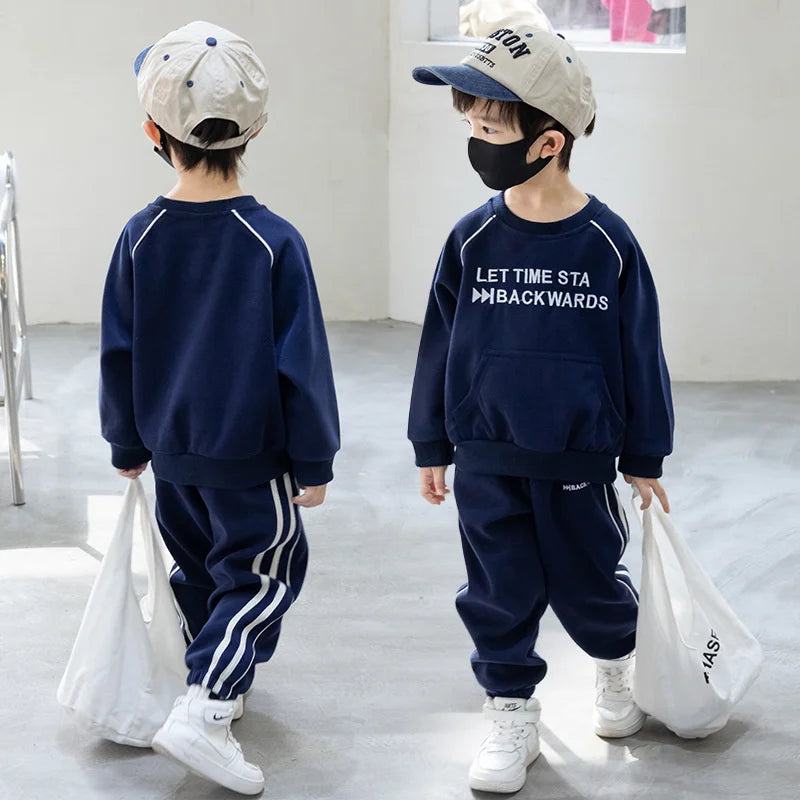 Maxy Boys Sweatshirts +Pants Kids Suits Tracksuit 2PCS/Set 2024 Navy Blue Spring Autumn Cotton Outfits Sport Teenagers Children Cloth