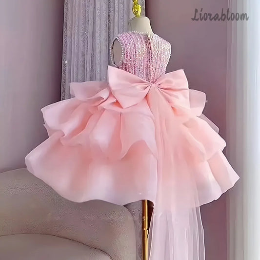 Maxy Pink Rhinestone Embellished Flower Girl Dress Short Puffy Formal Party Ball Gown for Little Girls
