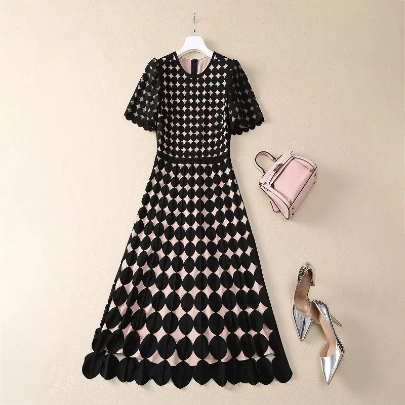 Maxy High Quality Brand New Spring Dress Women Hollow Out Dot Patterns Short Sleeve Mid-Calf Length Black Coffee Pink Dress XXL