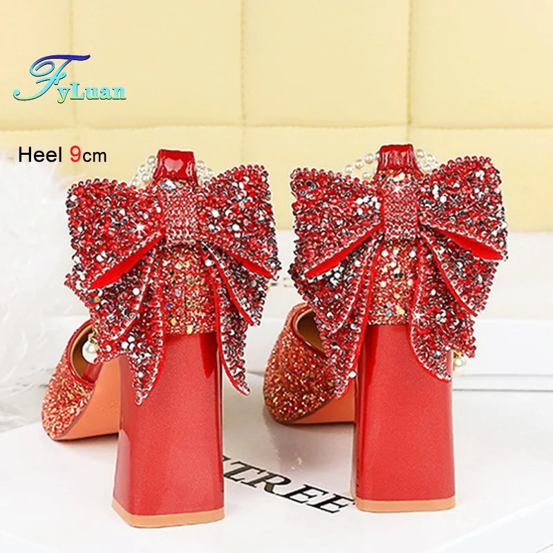 Maxy Summer New Fashion Women's Platform Sandals Glitter Bow Pearl Chain Rhinestone Decoration Ladies Eveing Heels Banquet Shoes