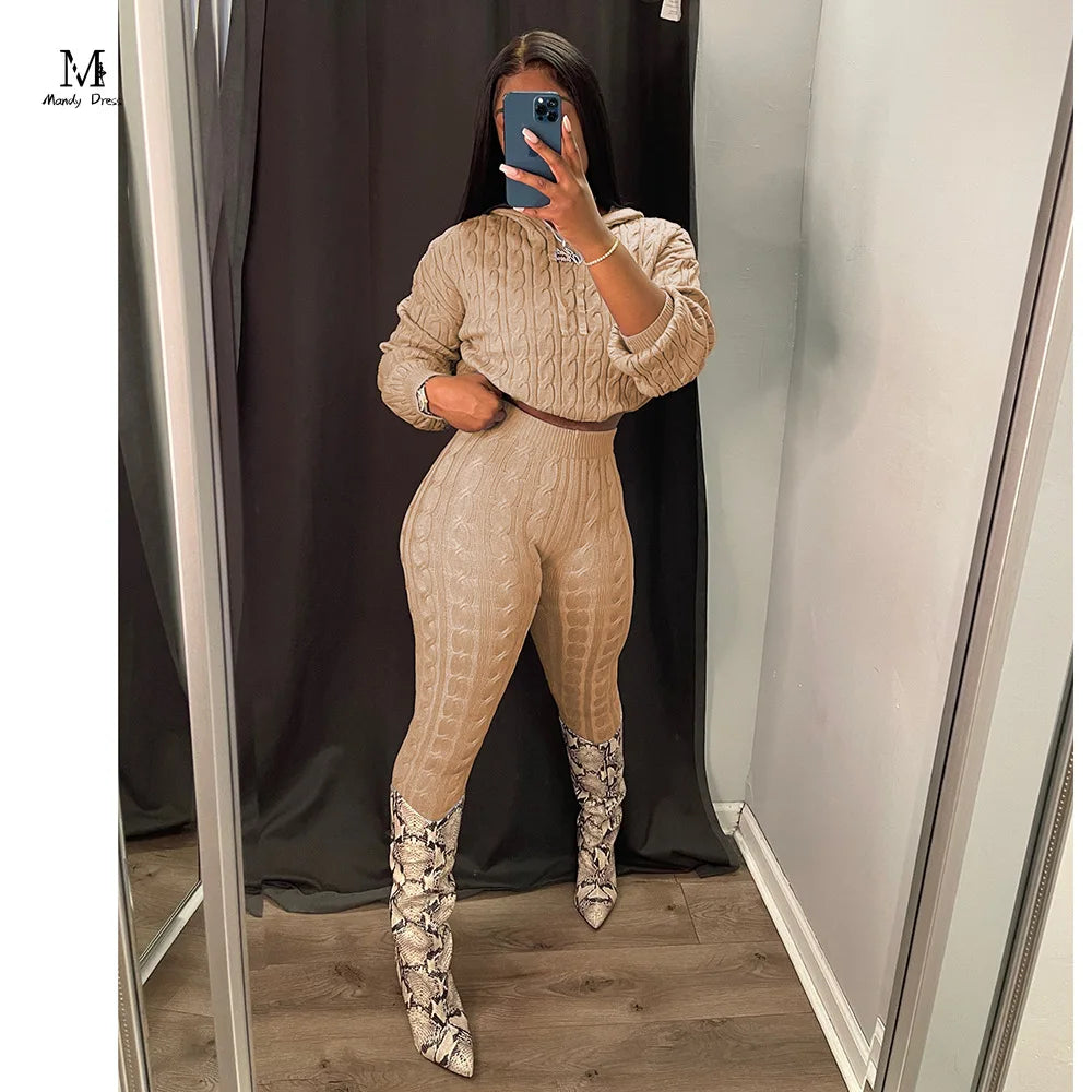 Maxy Fall Winter Women Knit Sweater Matching Sets Skinny Hoodies and Pants Clothing Casual Loungewear 2 Two Piece Outfits