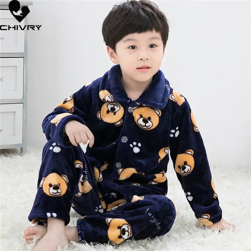 New Kids Max Pajama Sets Boys Girls Autumn Winter Thicken Warm Home Wear Cartoon Lapel Long Sleeve Sleeping Clothing Sets