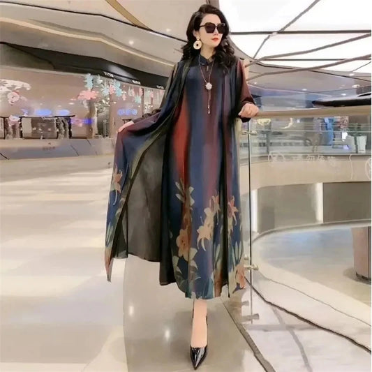 Maxy Middle Aged Mother Dress Suit Summer Casual Fashion Printing Two Piece Suits Long Dress Suits Women Temperament Dress Sets 729
