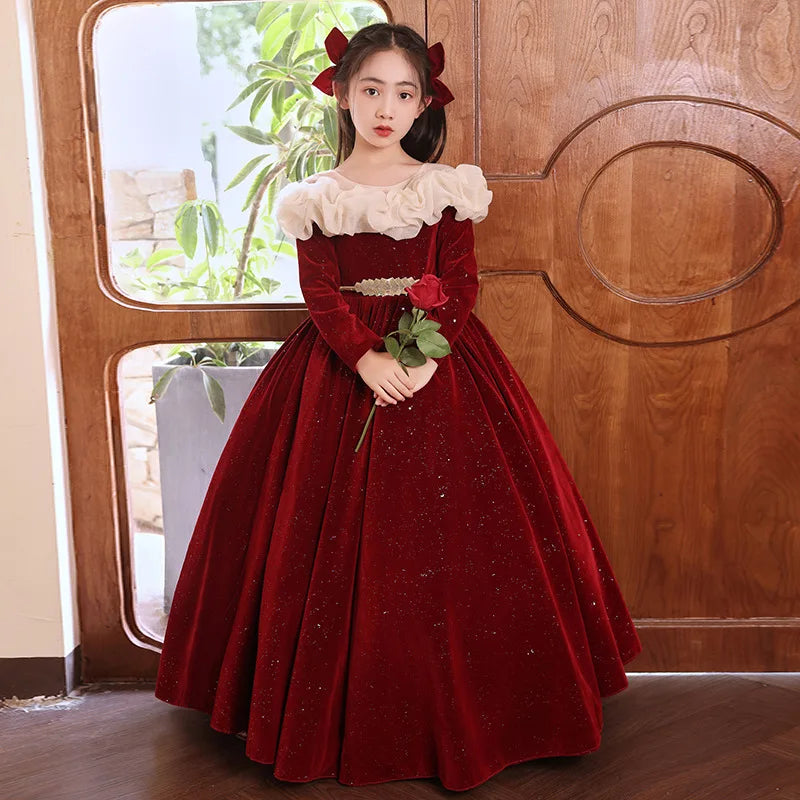 Wedding Flower Kid Elegant Costumes Christmas Party Children Formal Burgundy Long Dresses Teen Girls Birthday Gala Fashion Dress