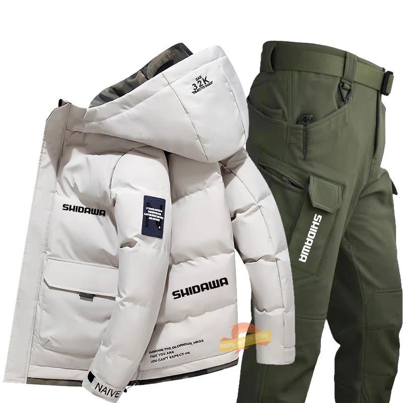 Maxy New Fishing Suit Men Winter Down Clothing Windproof and Coldproof Mountain Climbing Jacket + Waterproof Warm Pants Two-piece Set