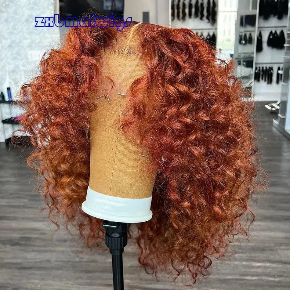 Amay QW  Soft 26Inch Long Ginger Copper Red Curly Glueless Synthetic Hair Lace Frontal Wig For Black Women Preplucked Daily Party