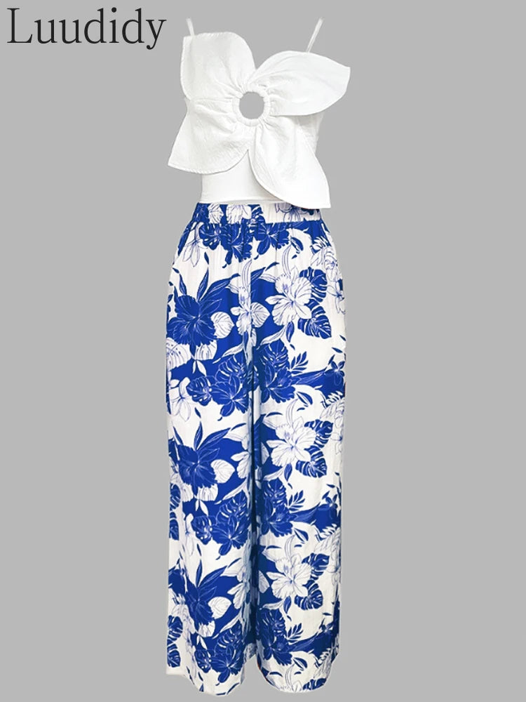 Maxy Two Piece Outfits Woman Asymmetrical Neck Spaghetti Strap Top and Casual Floral Print Wide Leg Pants Set