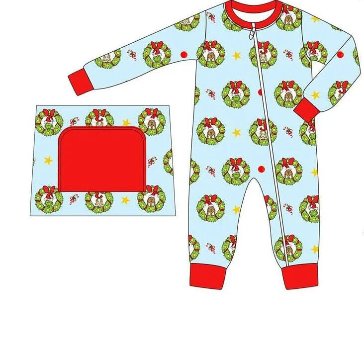 Babs Christmas boutique children's set long-sleeved lace cartoon print trousers lace girls boys pajamas set baby zipper jumpsuit