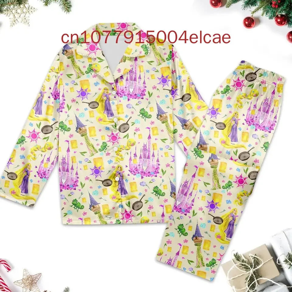 Maxy 2024 New Disney Princess Pajama Set 3D Printed Casual Men's and Women's Long Sleeve Shirt Pajama Set