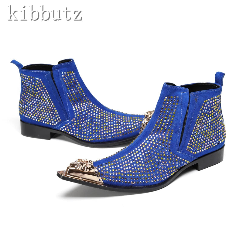 Maxy Fashion Rhinestones Suede Leather Ankle Boots Men New Luxury Metal Toe Chelsea Boots Male Party Dress Shoes