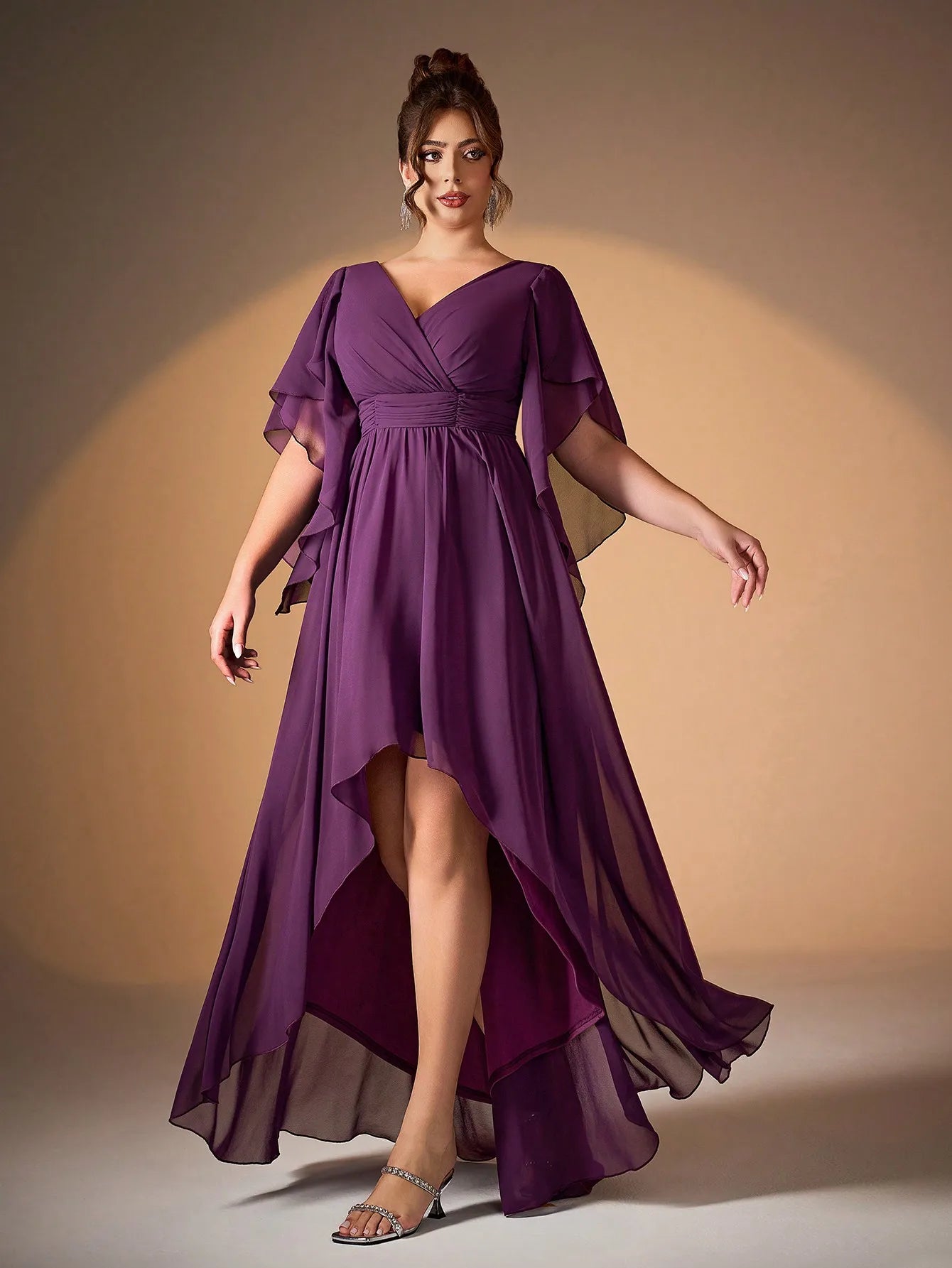 Maxy Miacid-neck pearl chiffon irregular sleeves with a shorter front and longer back hem high-end evening dress