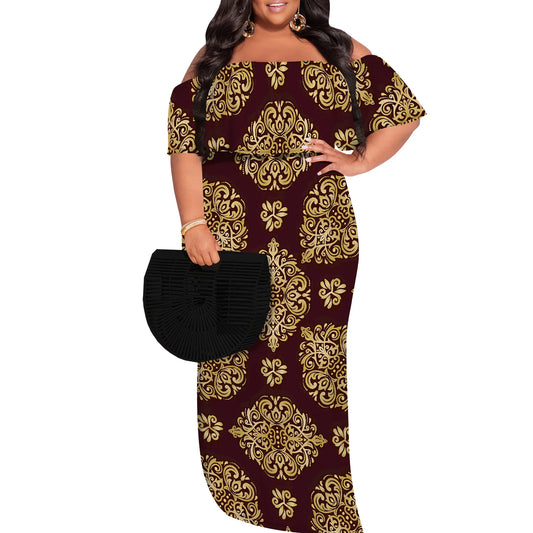 Amay Plus Size Elegant Off Shoulder Dress for Women African Inspired Pattern Long Evening Gown