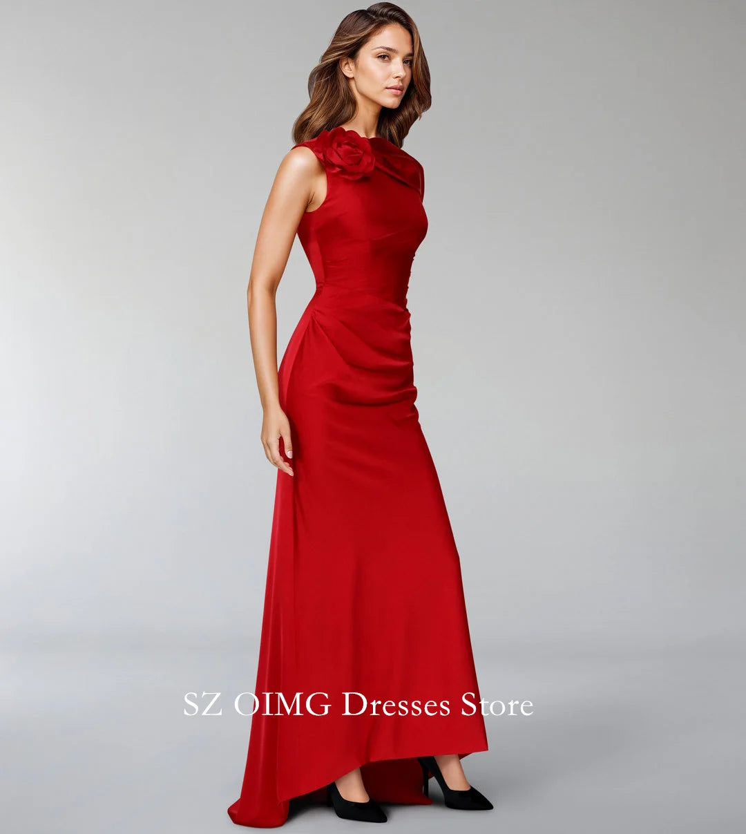 Maxy Satin Classic Red Prom Dresses Sleeveless Dress with Side Capelet and 3D Flowers  Women Evening Gowns Formal Party Dress