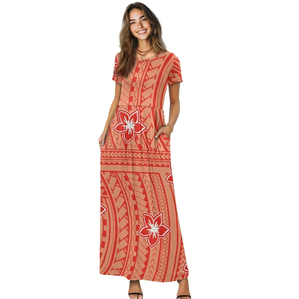 Maxy New Plumeria Style Short Sleeve Pleated Casual Dress Polynesian Loose Pocket Long Dress Women's Casual Comfortable