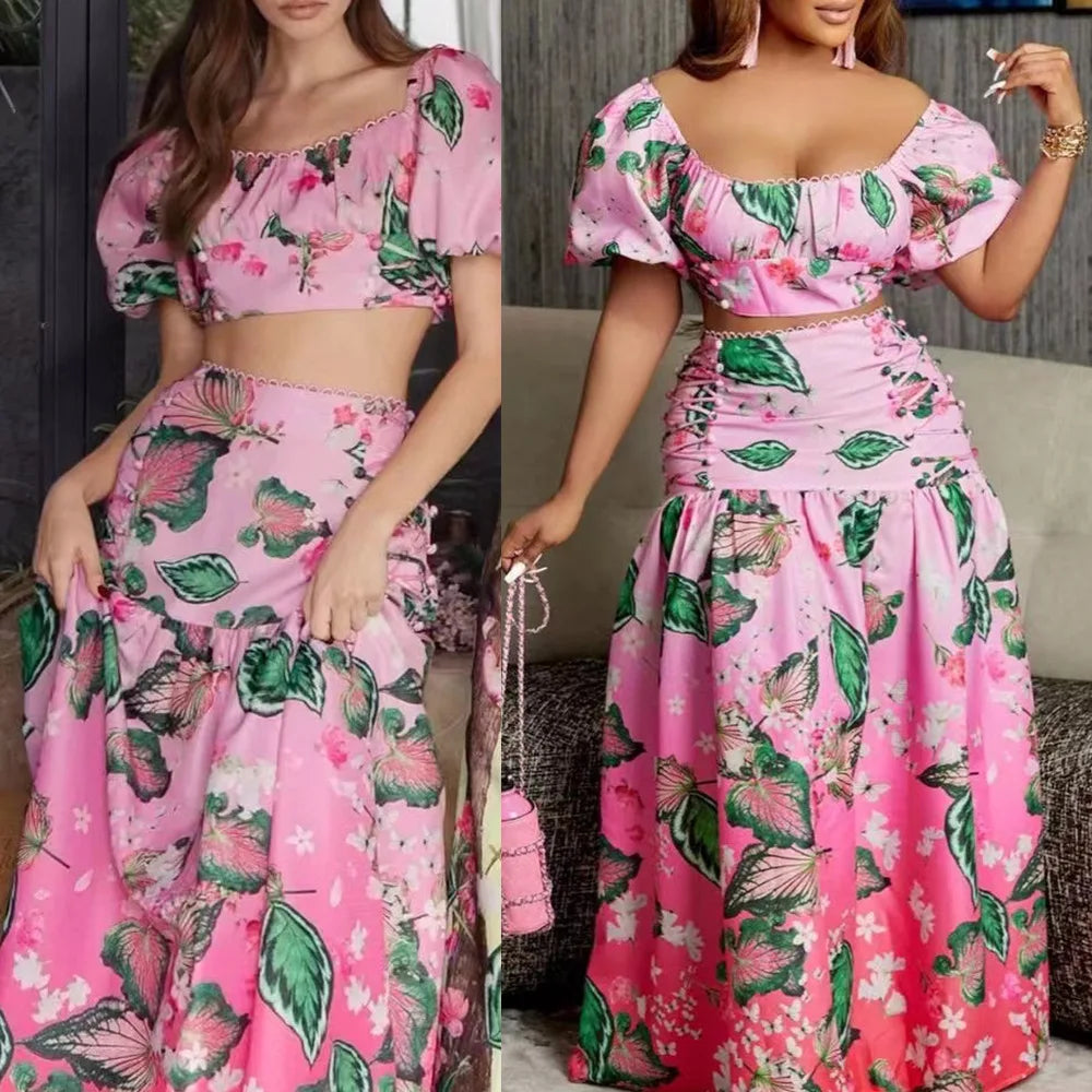 Maxy Summer Women's Suit Fashion Casual Short Top And Comfortable Long Skirt Sets Print Femininity Commuter Two-Piece Set