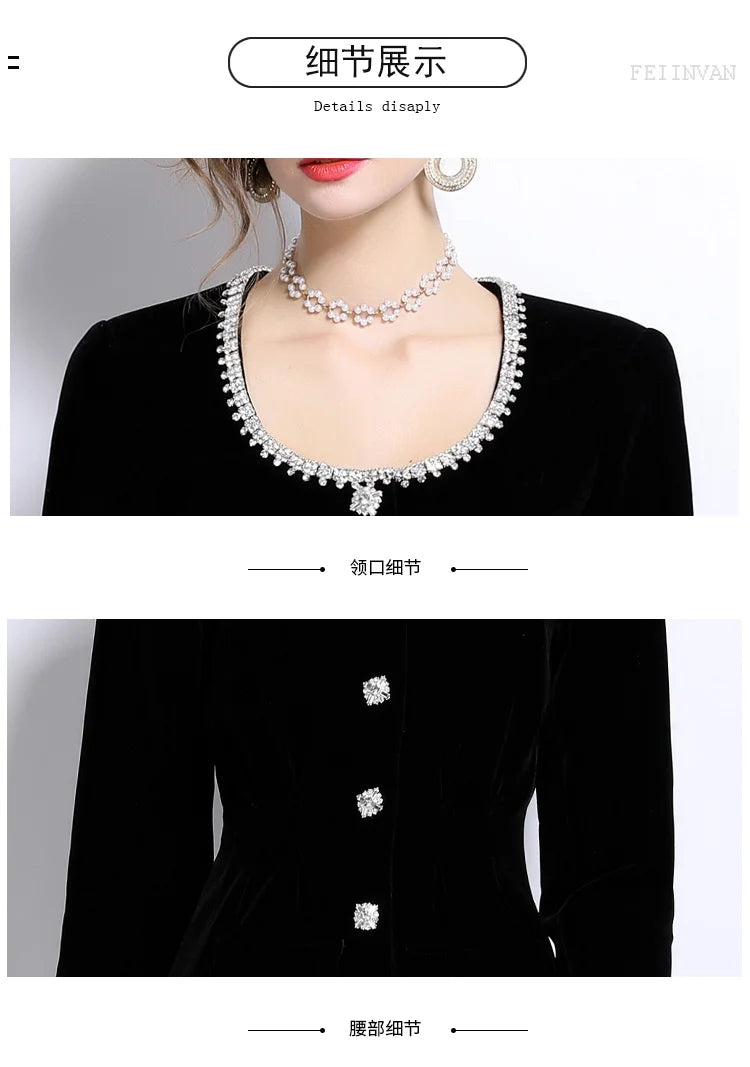 Babs New Fashion Square Collar Luxury Autumn Crystal Button Black Color Party Night Dress Lady Chic Casual Streetwear Outwear