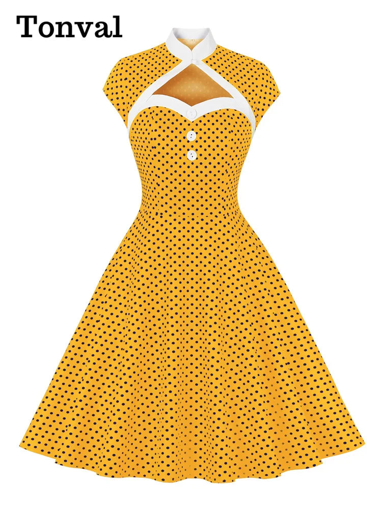 Maxy Toval Stand Collar Hollow Out Front Button Evening Party Dresses Women Cap Sleeve Polka Dot Vintage Dress Elegant Female