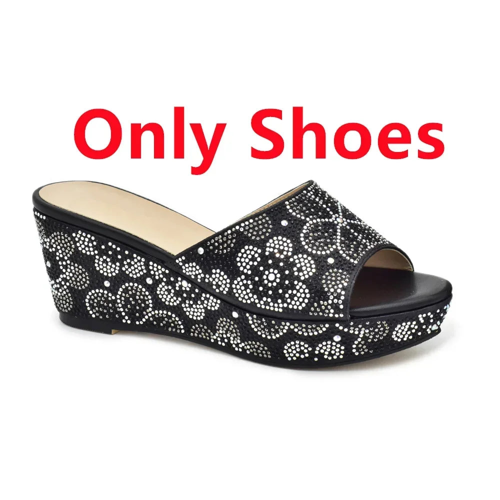 Maxy Latest 2024 Italian Design Fashion Flower Rhinestone Party Wedding Africa Women's Ladies Shoes Bag Set Wedges Shoes for Women