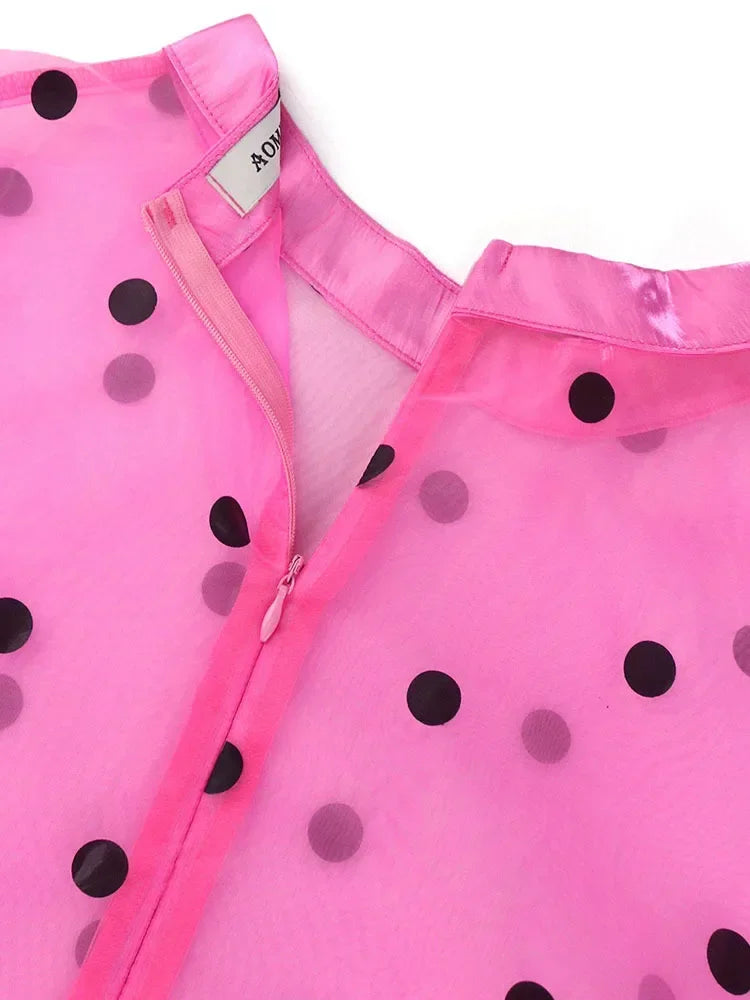 Maxy Pink Polk Dot Ruffle Hem Plus Size Dress See Through Sweet Elegant Casual Party Club Short Sleeve Evening Mini Dress for Women