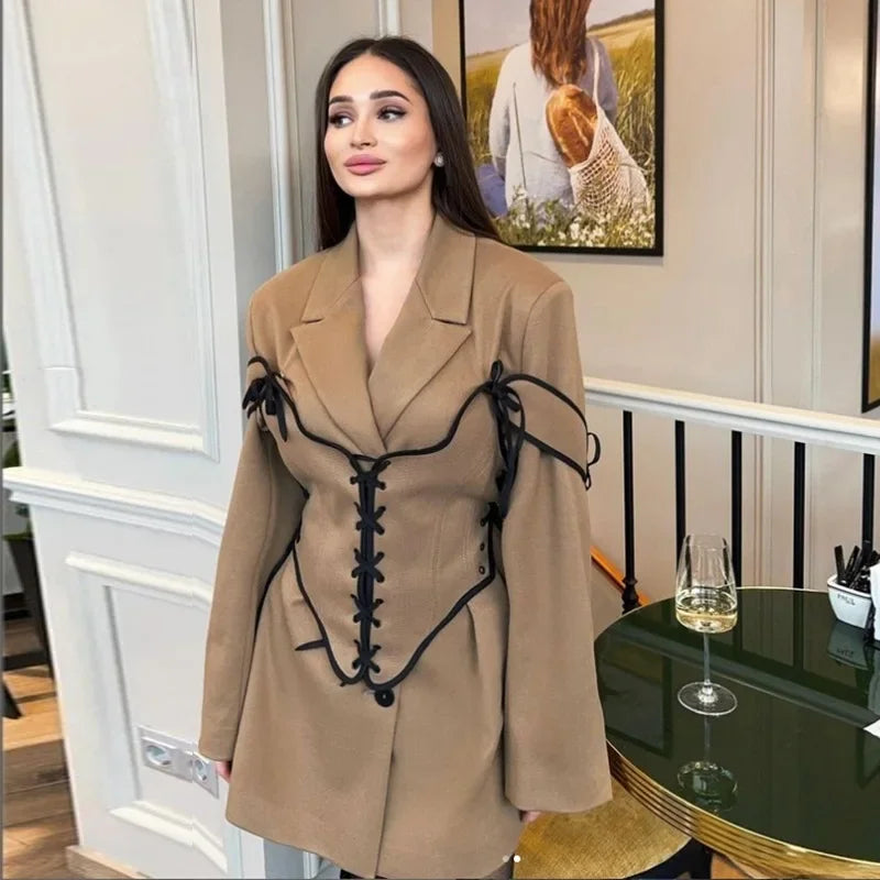 Maxy Two Piece Sets Dress Set Women Coats Dresses Mid Length Coat Notched Full Sleeve Corset Elegant Splice A Line Slim Fit Autumn