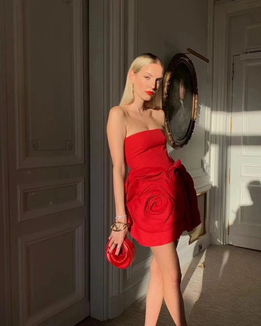 Maxy Sexy Strapless 3d Big Flower Evening Dress Red Birthday Dresses for Women Elegant Prom Gown Summer Fashion Party Outfits