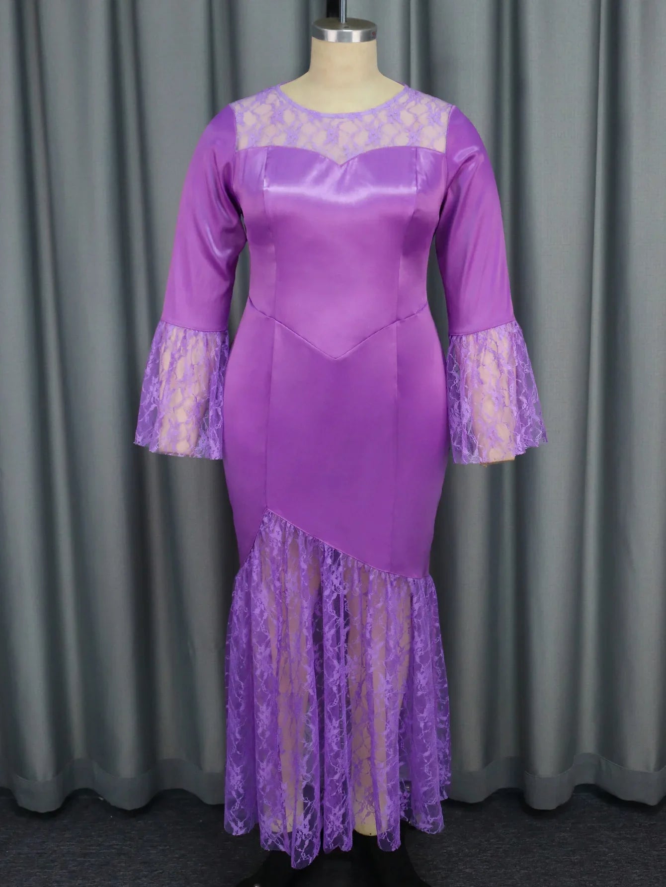 Amay Lace Round Neck Elegant Pleated Slim Fit Dress Autumn/winter Purple Matte Satin Patchwork Dress Nightclub Party Long Dresses