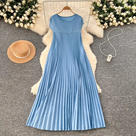 Maxy Elegant Short Sleeve Vintage O-Neck Chic Pleated Fashion Loose Dresses French Casual Streetwear High Street Plus Size Clothing