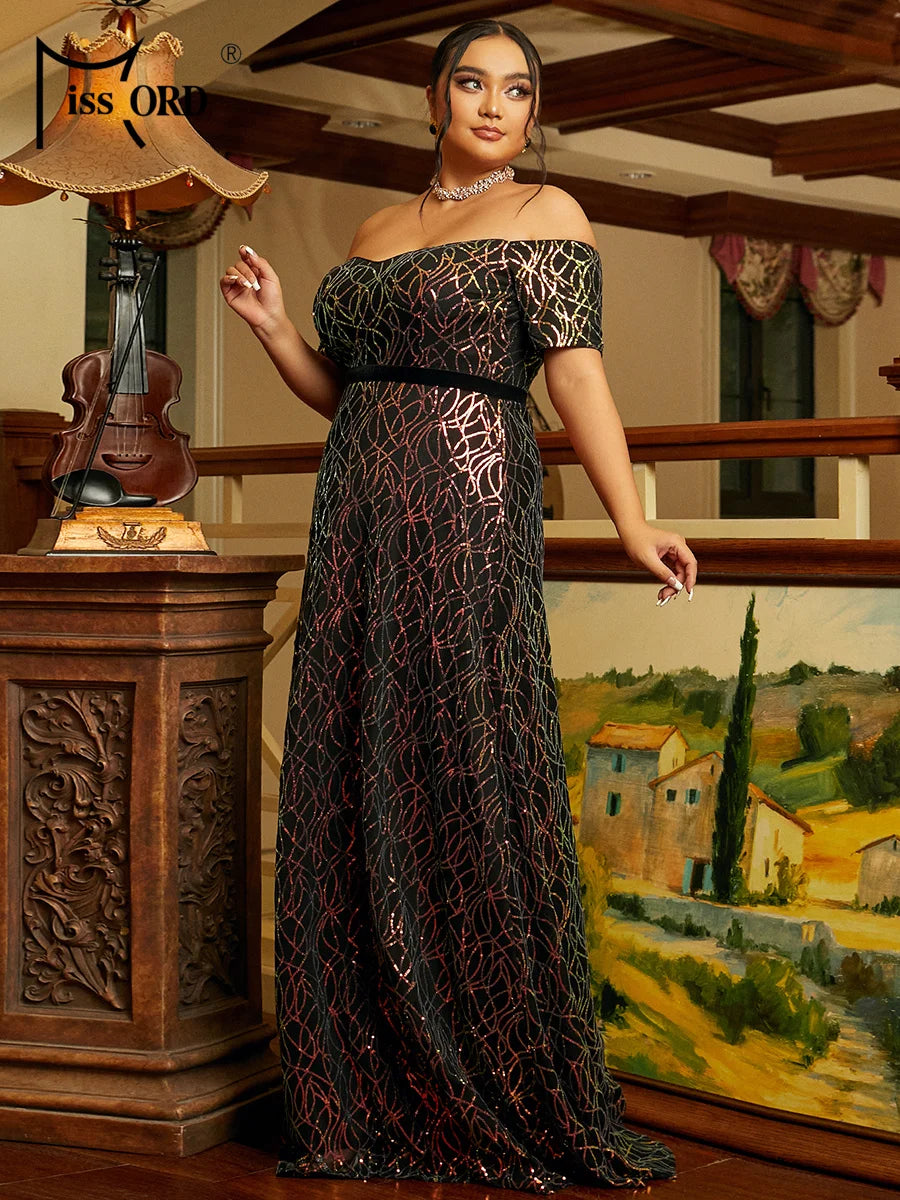 Maxy Plus Size Off Shoulder Sequin Black Evening Dress Chic Elegant Woman Dress Formal Occasion Dresses