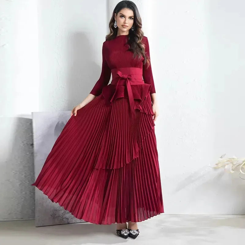 Amay Pleated Irregular Lantern 2 Piece Set Skirt + Long Swing Dress Set Autumn Solid Long Sleeved Lace Up Design Two Piece Set