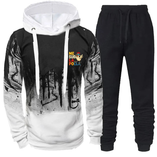 Maxy Men's Hoodie Black Gray Printed ME SUDÁ LA POLA Graphic Sweatshirt Set Tracksuit for Casual Wear and Sport Activities