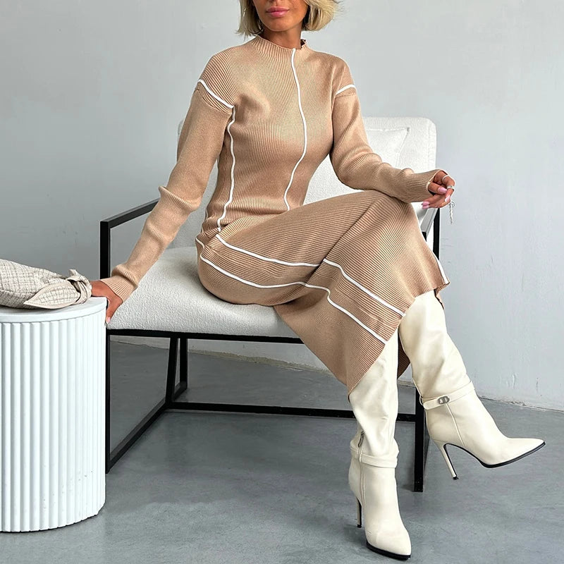 Maxy French Elegant Contract Color Knitted Dress Women Fashion Half Collar Slim Party Dress Temperament Long Sleeve Office Midi Dress