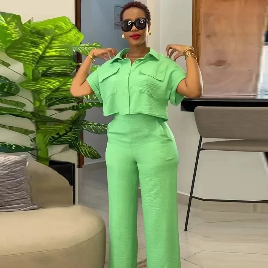 Maxy Fashion Vintage Women's Set Short Sleeve Shirt and Wide Leg Pants Spring Street Two 2 Piece Sets Outfit Tracksuit