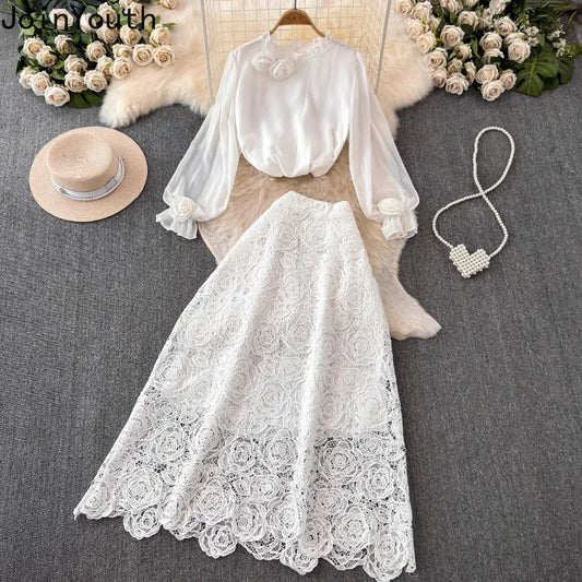 Women 2 Piece Sets Elegant Vintage O-neck 3D Flower Chiffon Shirts Hollow Out Lace Bodycon Skirts Suit Summer Two Piece Set