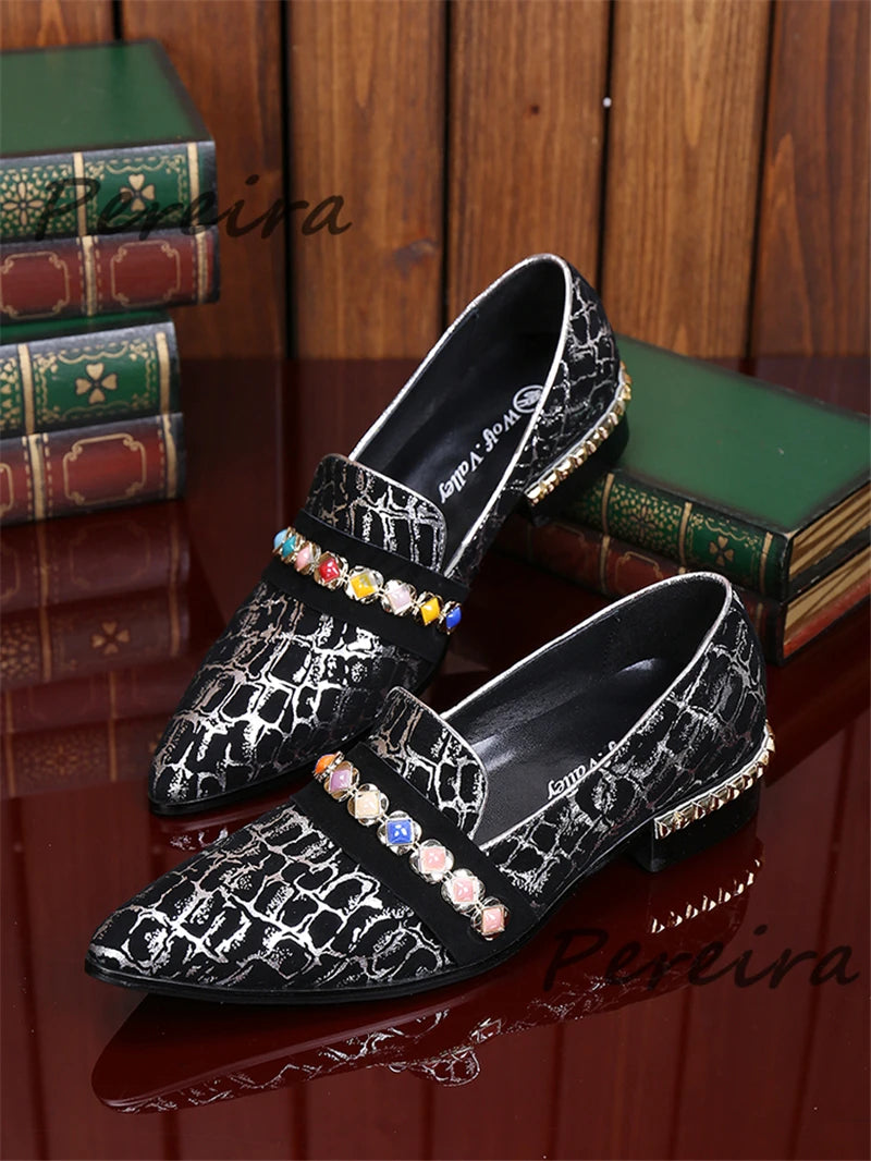 Visco Genuine Leather Snake Patterned Men Shoes Fashion Rhinestone Strap Metal Decor Loafers Pointy Toe Med Heel Casual Business Shoes