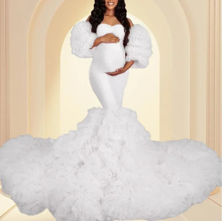 Maxy Hot Maternity Dresses Photoshoot Tulle Maxy Gown Baby Shower Ruffles
