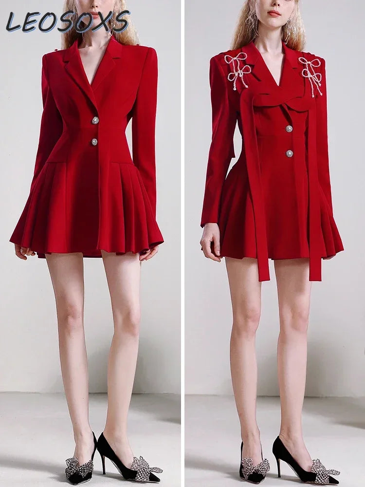 Maxy Designer Dress Women Autumn New Annual Meeting Red Bridal Dress Slim and Thin Temperament Design Suit Blazer Dress
