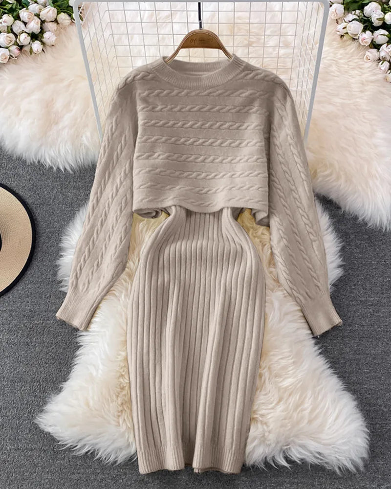 Amay Women Sweater Dress Knit Long Sleeve & Casual Sleeveless Two-Piece Sets Dress Sets Matching Sets Party Pullovers Autumn Winter