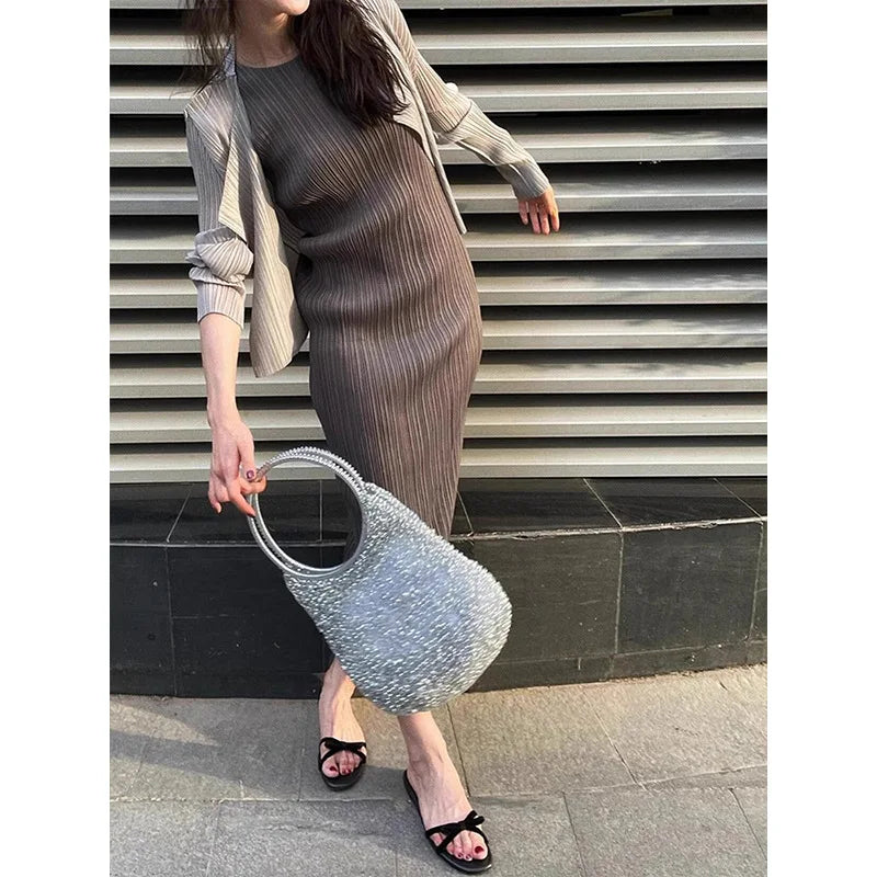 Maxy Loose Peplum Set Miyake Summer Fashion Design Pleated Solid Color Cardigan Sleeveless Tank Dress Women's Two Piece Set