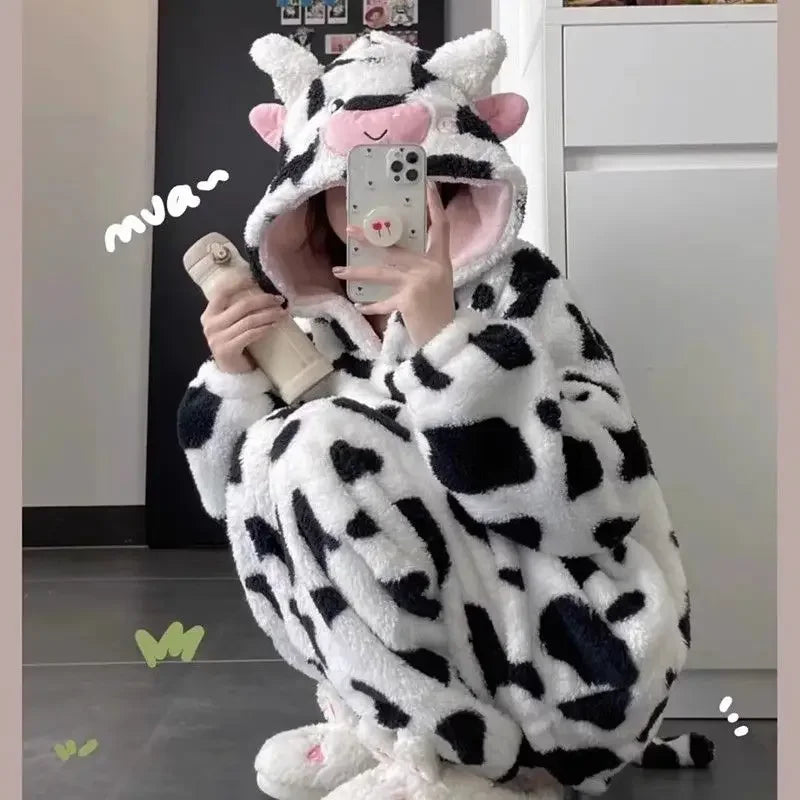 Maxy Autumn Winter New Cute Cow Hooded Pajamas Sets for Woman Kawaii Sleepwear Thickened Coral Velvet Homewear Suits Loungwear